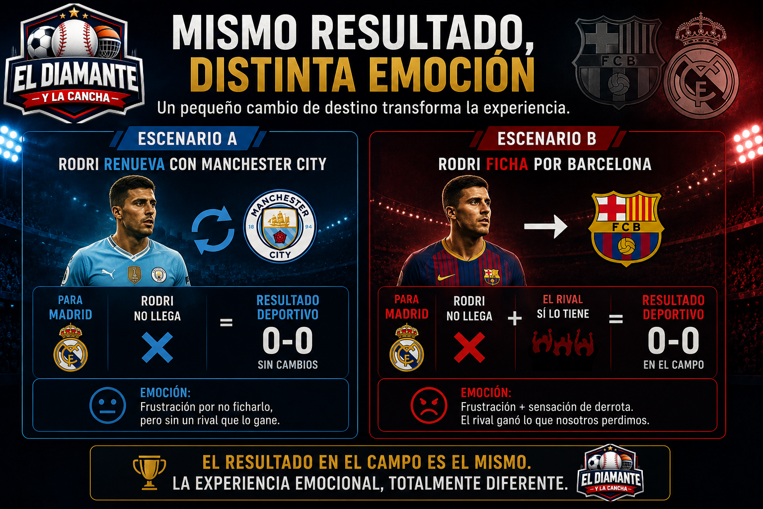 Mismo resultado deportivo pero distinta emoción si Rodri sigue en Manchester City o ficha por Barcelona