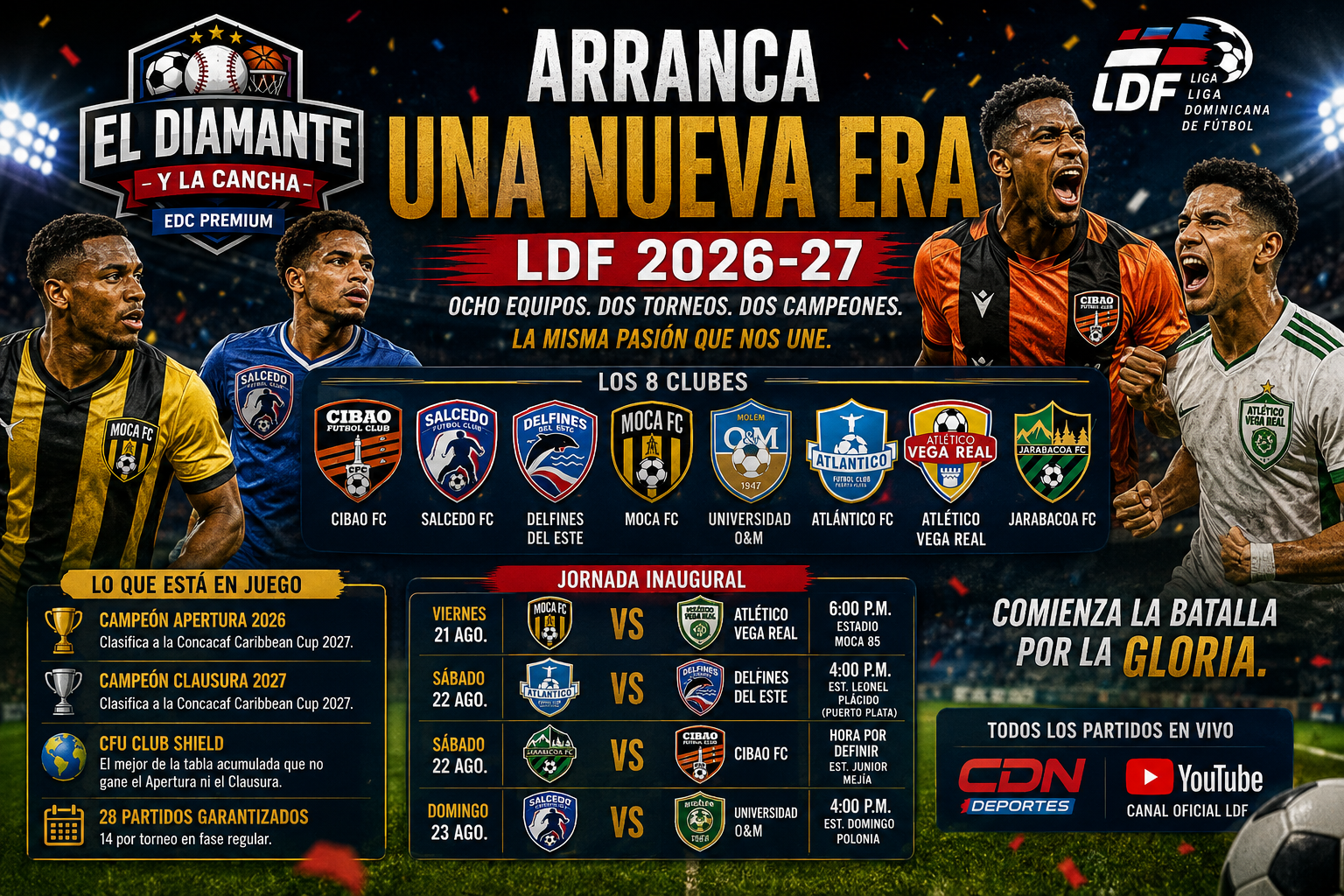 Previa de la LDF 2026-2027 con los ocho clubes participantes y el inicio de una nueva era del fútbol dominicano