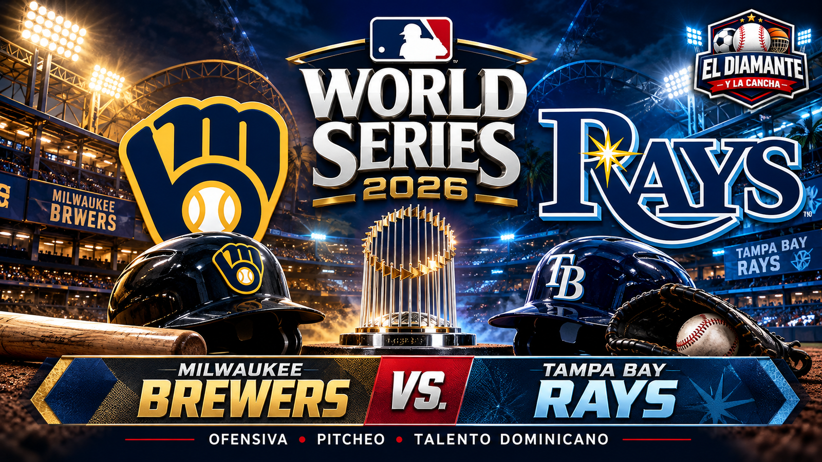 Portada de la Serie Mundial 2026: Milwaukee Brewers vs. Tampa Bay Rays, con el trofeo y los emblemas de ambos equipos.